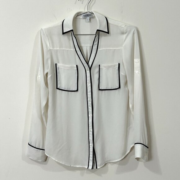 EXPRESS The Portofino Shirt Blouse XS TP Ivory Black Piping V-Neck Button Up Top - Picture 1 of 10